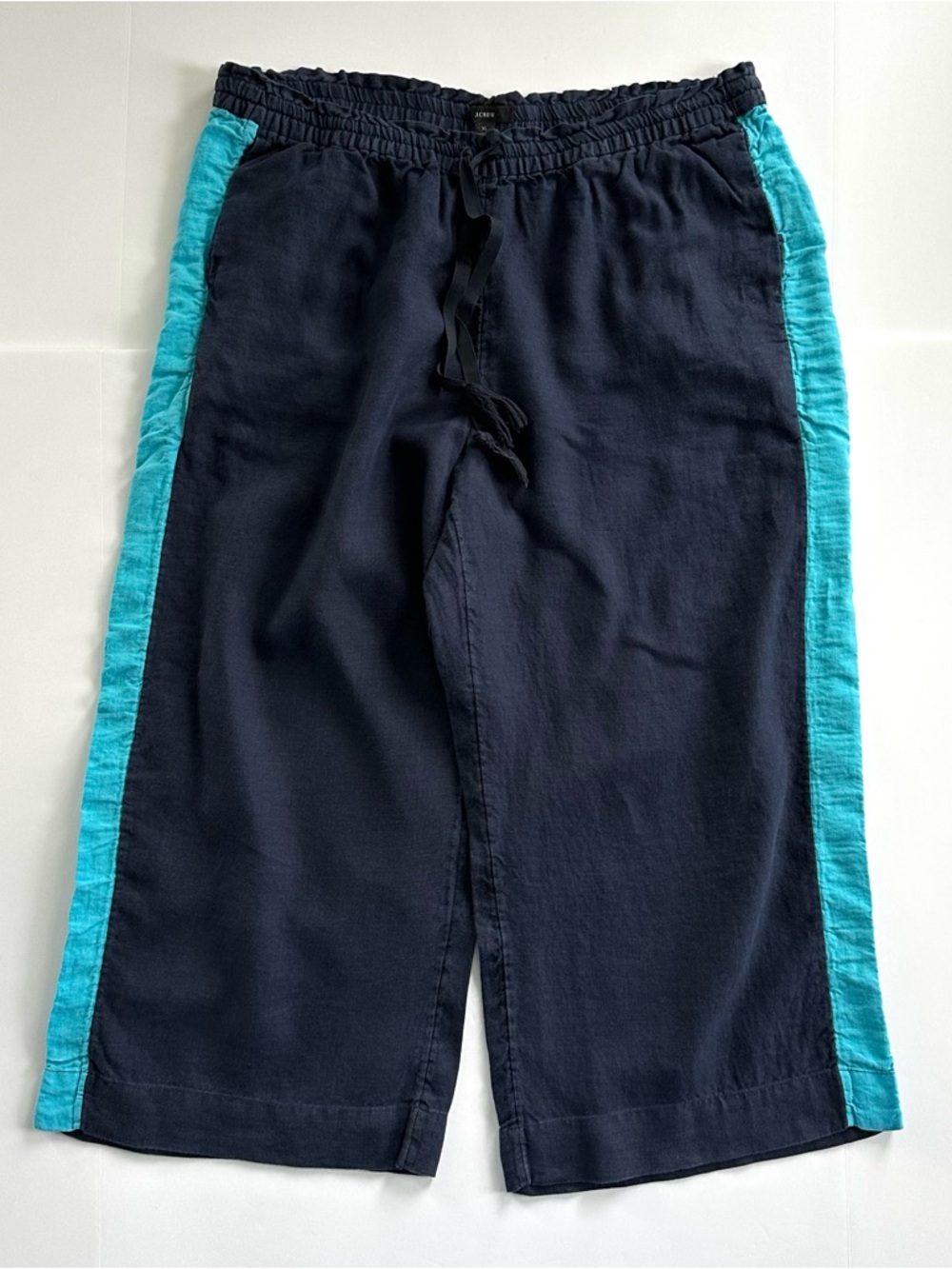 J.Crew Drawstring Linen Pant in Navy with Teal Stripe | XL | GUC